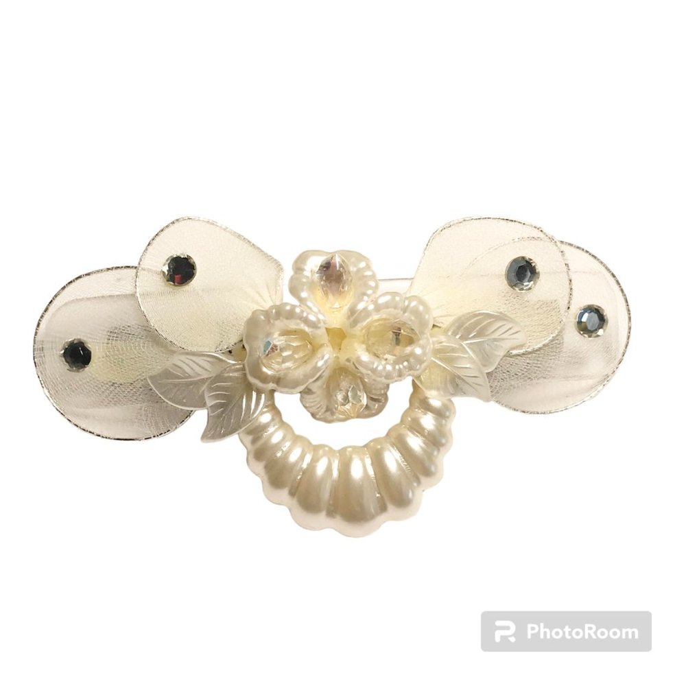 Vintage Pearlescent Acrylic Flower Hair Barrette 4" 80s 90s Long Hair Rhinestone